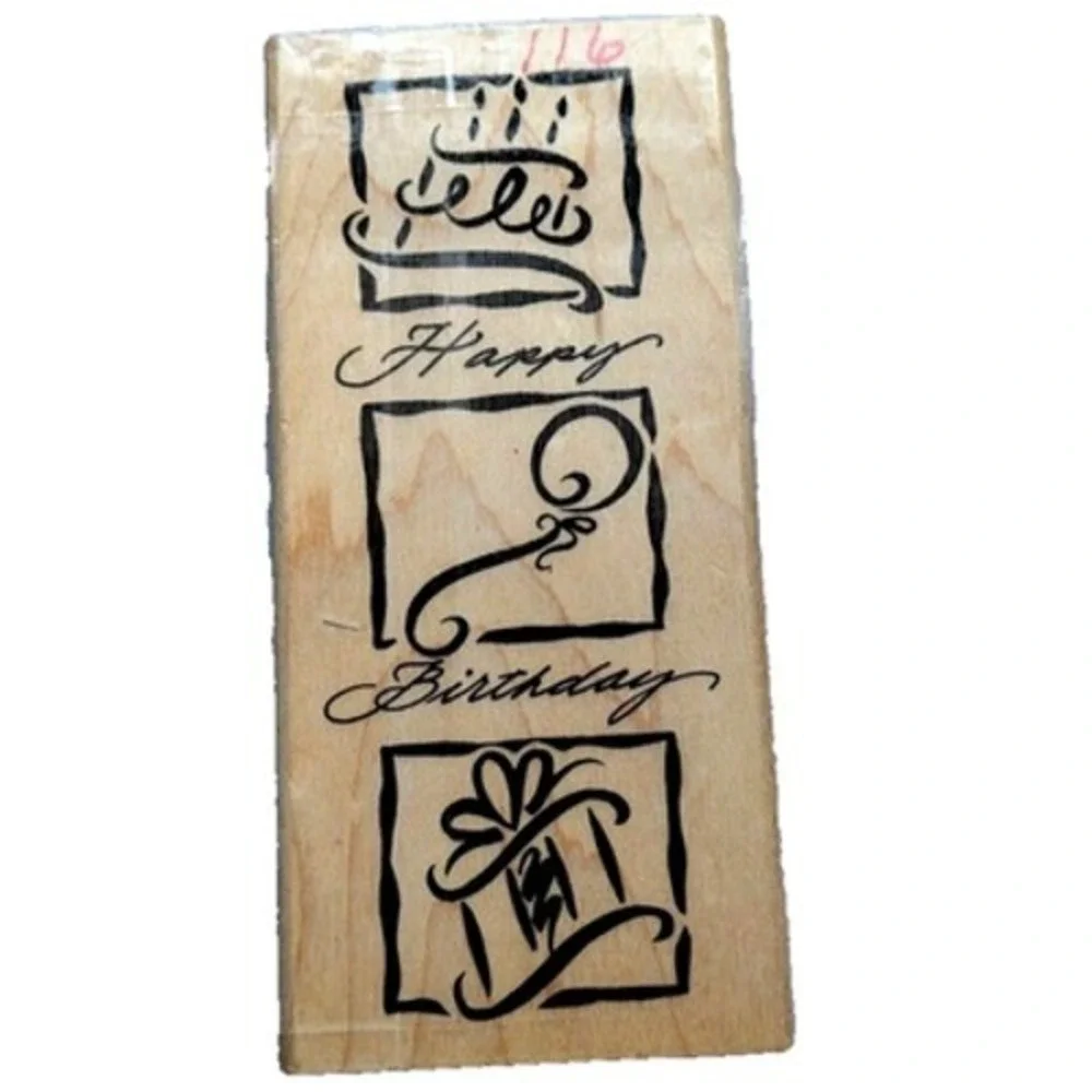 DeNami Design Happy Birthday Border Gift Cake 2003 Rubber Stamp Wood #C30